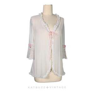 Delicates Sheer Cardigan Top M Cream Pink Y2K Fairy Coquette Mesh Floral Bow